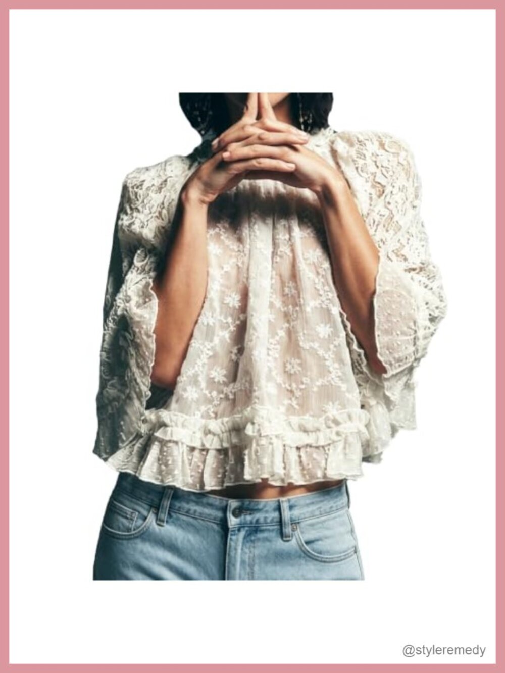 Women's Sheer Lace Flowy Blouse Flared Sleeve Crew Neck Cover Up Top
